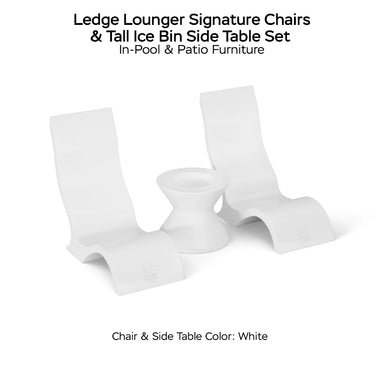 Ledge Lounger Signature Chairs & Tall Ice Bin Side Table Set Chair & Table Color White - In Pool & Patio Furniture - Majestic Fountains