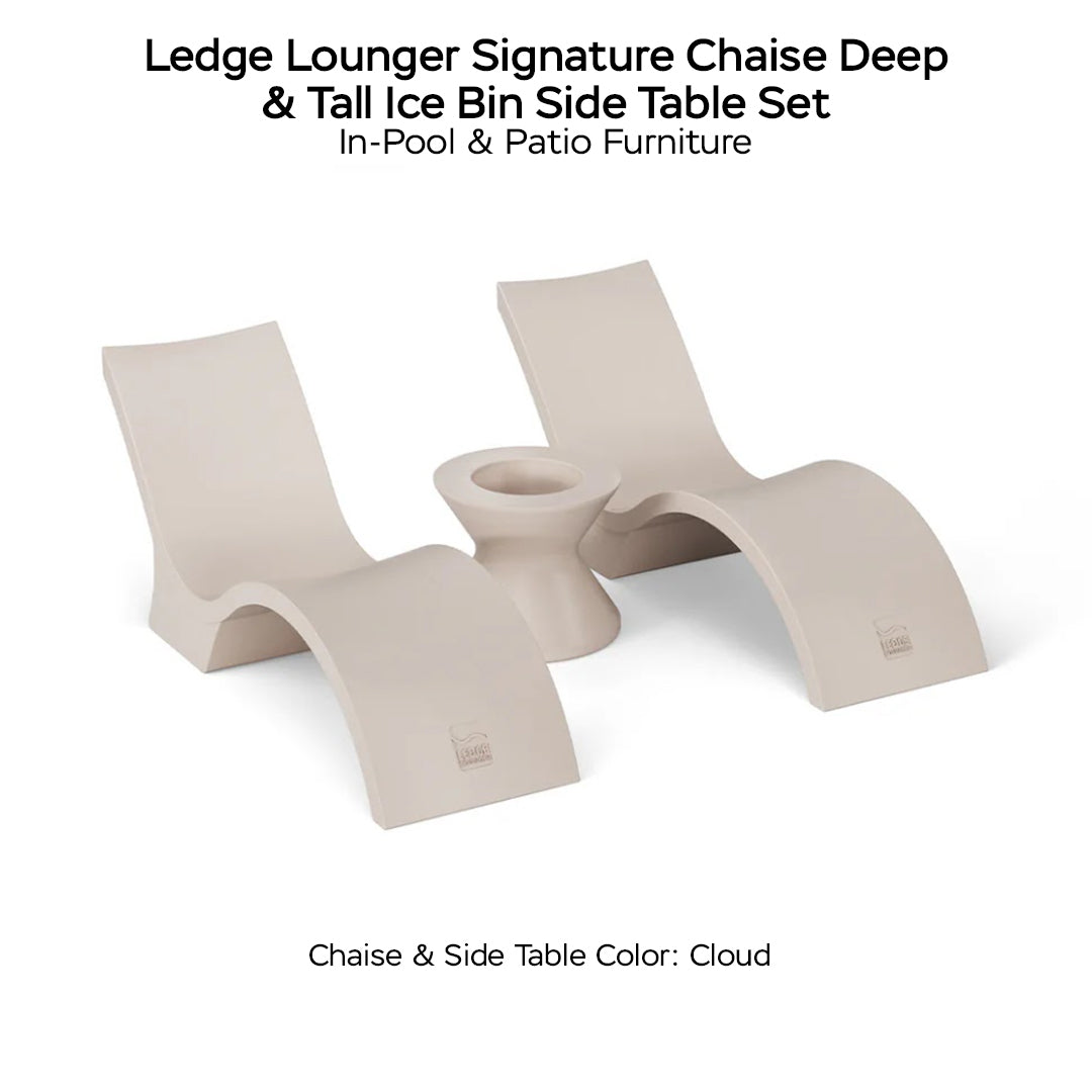 Ledge Lounger Signature Chaise Deep & Tall Ice Bin Side Table Set Color Cloud - In-Pool & Patio Furniture - Majestic Fountains