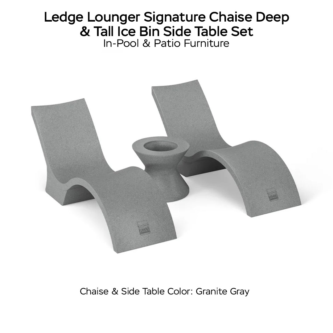 Ledge Lounger Signature Chaise Deep & Tall Ice Bin Side Table Set Color Granite - In-Pool & Patio Furniture - Majestic Fountains