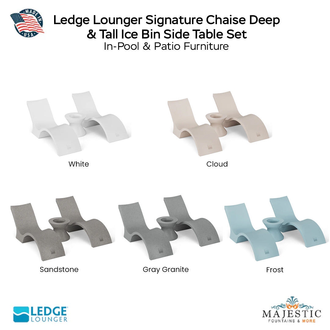 Ledge Lounger Signature Chaise Deep & Tall Ice Bin Side Table Set Color White - In-Pool & Patio Furniture - Majestic Fountains