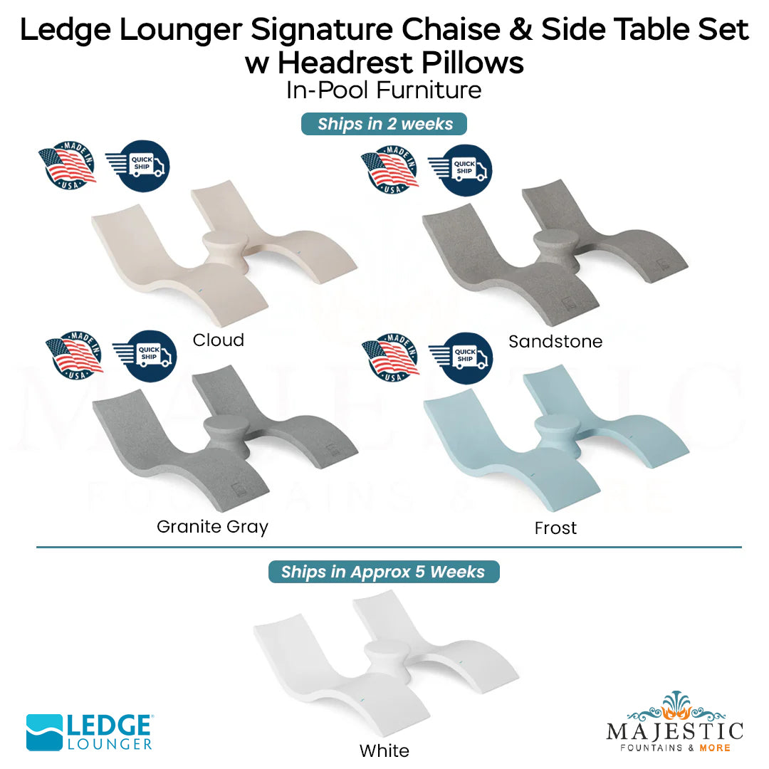 Ledge Lounger Signature Chaise & Side Table Set w Headrest Pillows - In-Pool Furniture - Majestic Fountains