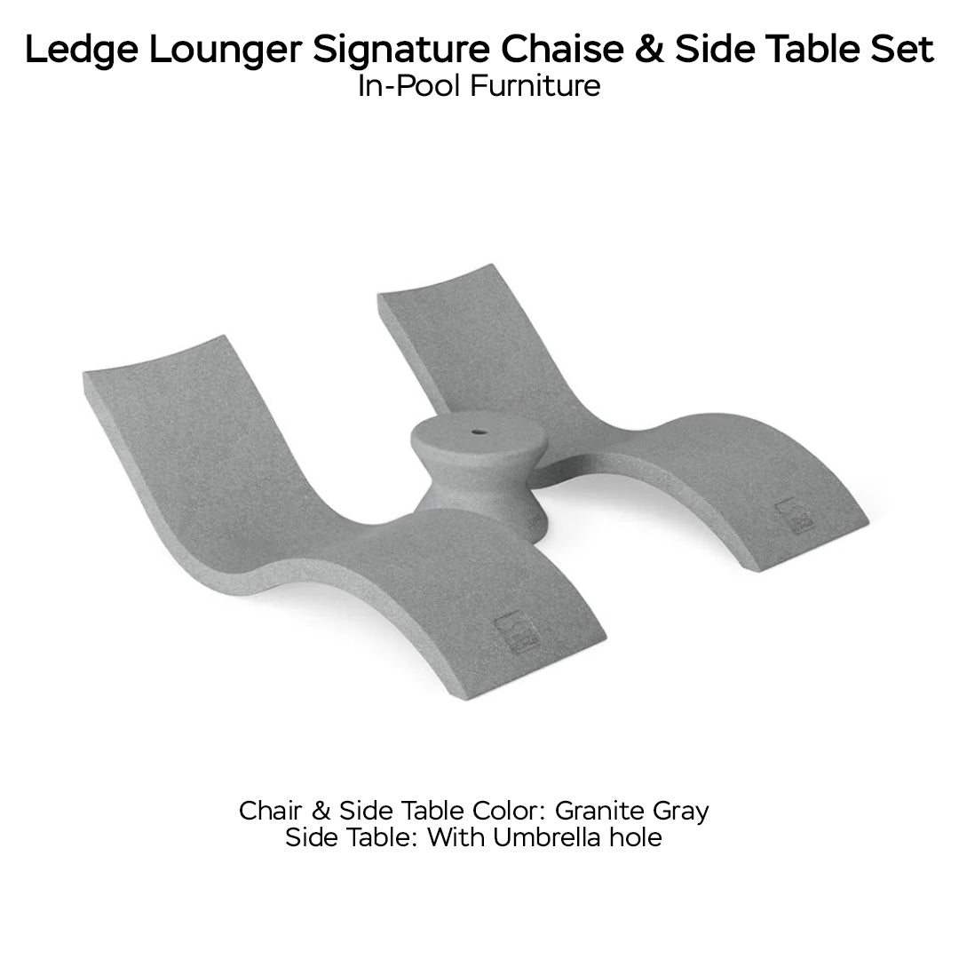 Ledge Lounger Signature Chaise & Side Table Set Color Granite Gray - Side Table With Umbrella Hole - In-Pool Furniture - Majestic Fountains