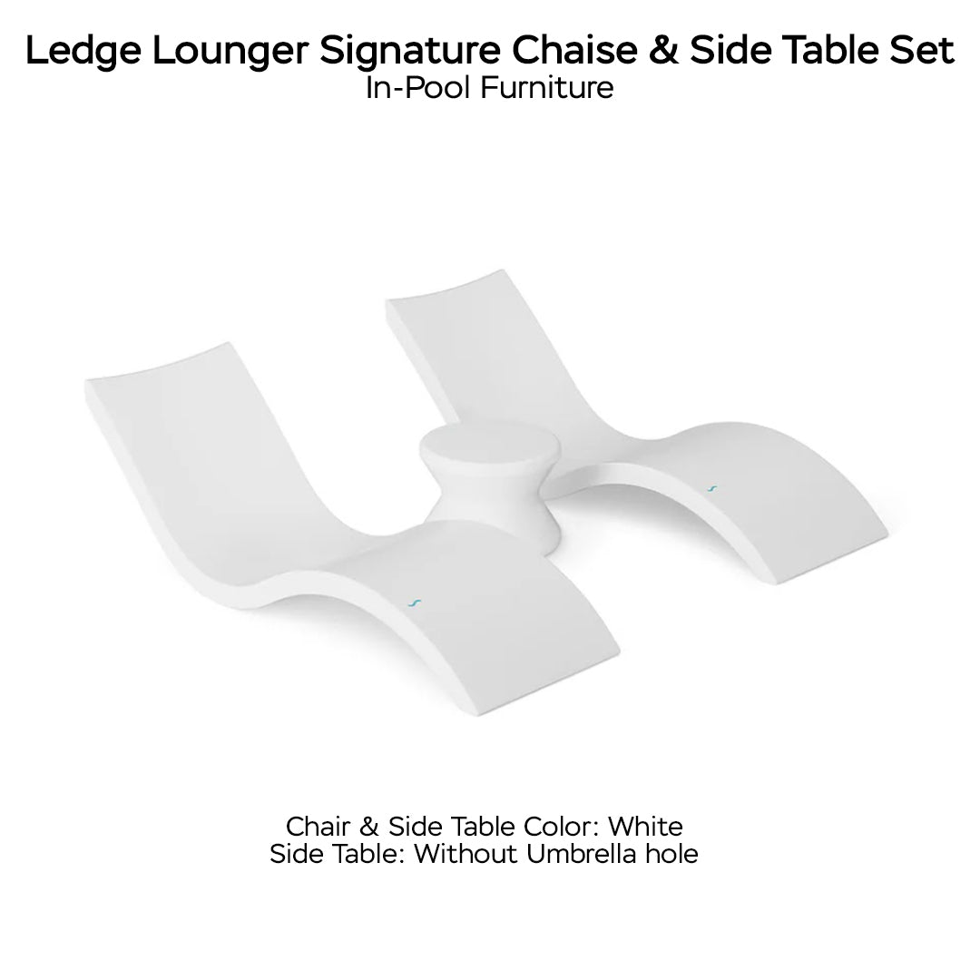 Ledge Lounger Signature Chaise & Side Table Set Color White - Side Table Without Umbrella Hole - In-Pool Furniture - Majestic Fountains