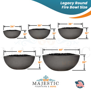 Legacy Round Fire Bowl in GFRC Concrete Size - Majestic Fountains and More