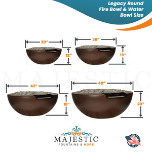 Legacy Round Fire & Water Bowl in GFRC Concrete Size - Majestic Fountains and More