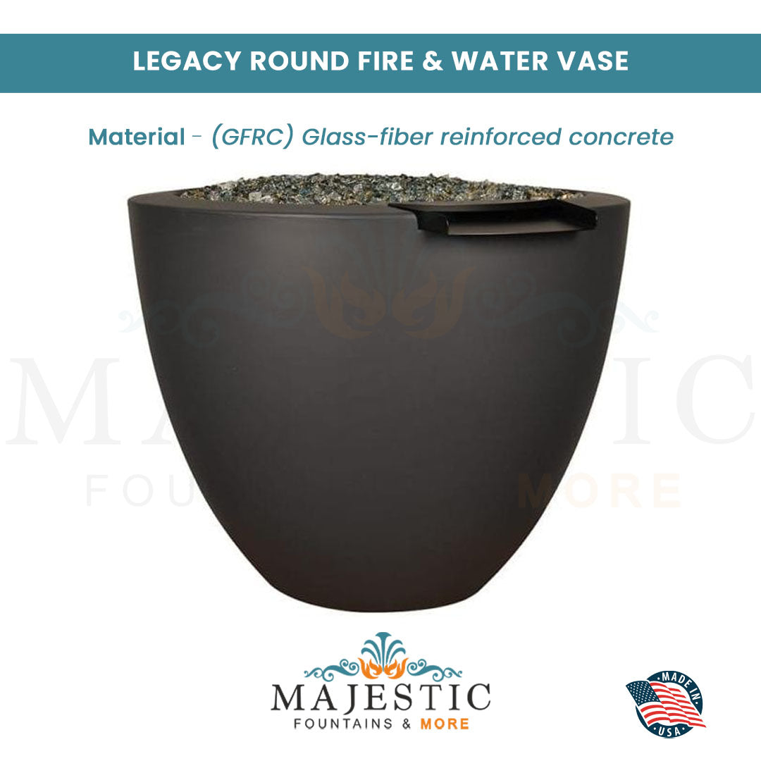 Legacy Round Fire & Water Vase in GFRC Concrete - Majestic Fountains and More