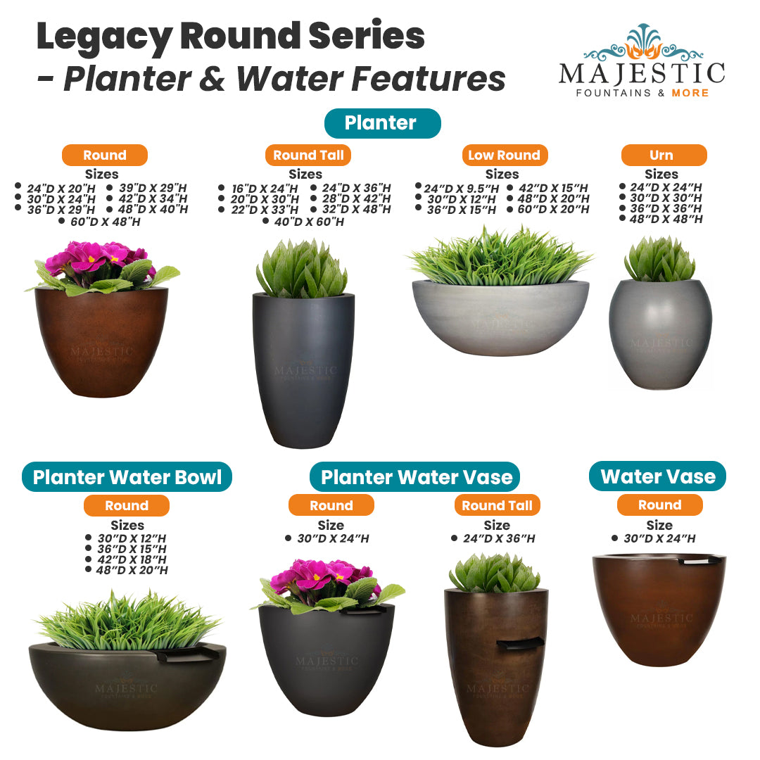 Legacy Round Planter Water Vase in GFRC Concrete - Majestic Fountains
