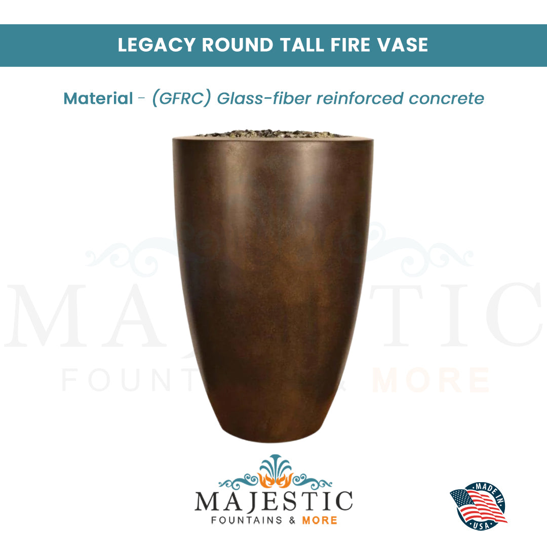 Legacy Round Tall Fire Vase in GFRC Concrete - Majestic Fountains