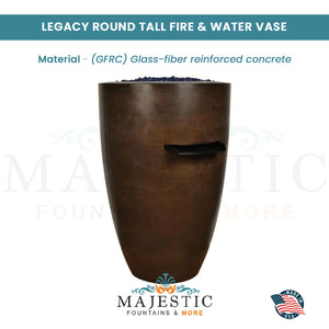Legacy Round Tall Fire & Water Vase in GFRC Concrete - Majestic Fountains and More.