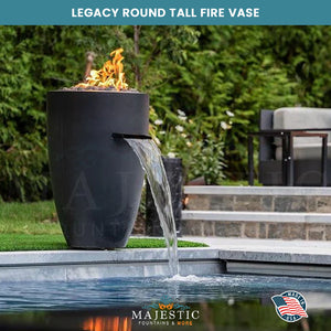 Legacy Round Tall Fire & Water Vase in GFRC Concrete- Majestic Fountains and More