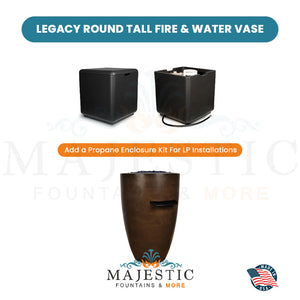 Legacy Round Tall Fire & Water Vase in GFRC Concrete Propane Enclosure Kit - Majestic Fountains and More