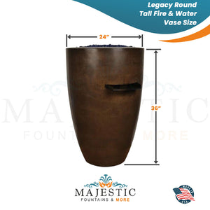 Legacy Round Tall Fire & Water Vase in GFRC Concrete Size - Majestic Fountains and More