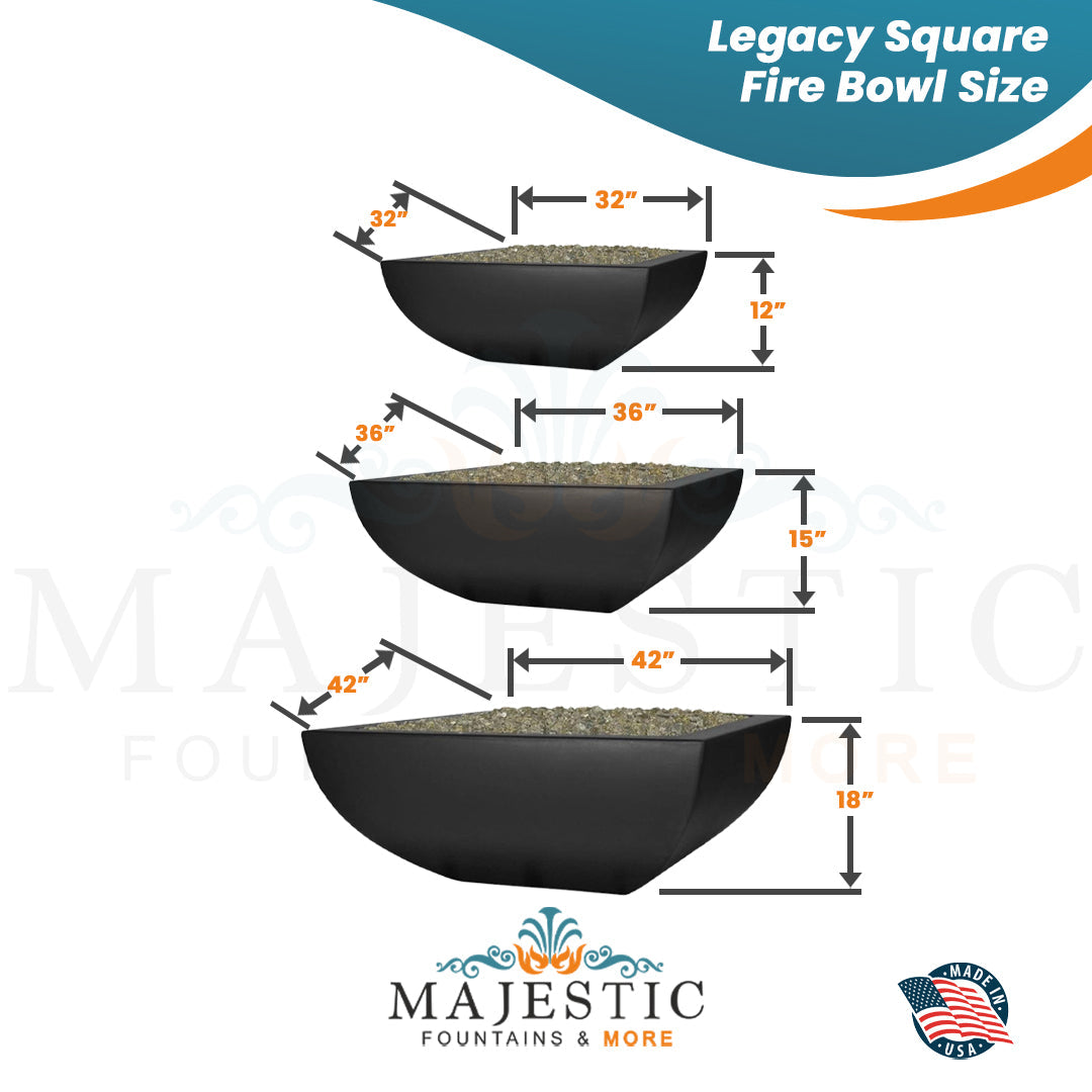 Legacy Square Fire Bowl in GFRC Concrete -  Majestic Fountains and More