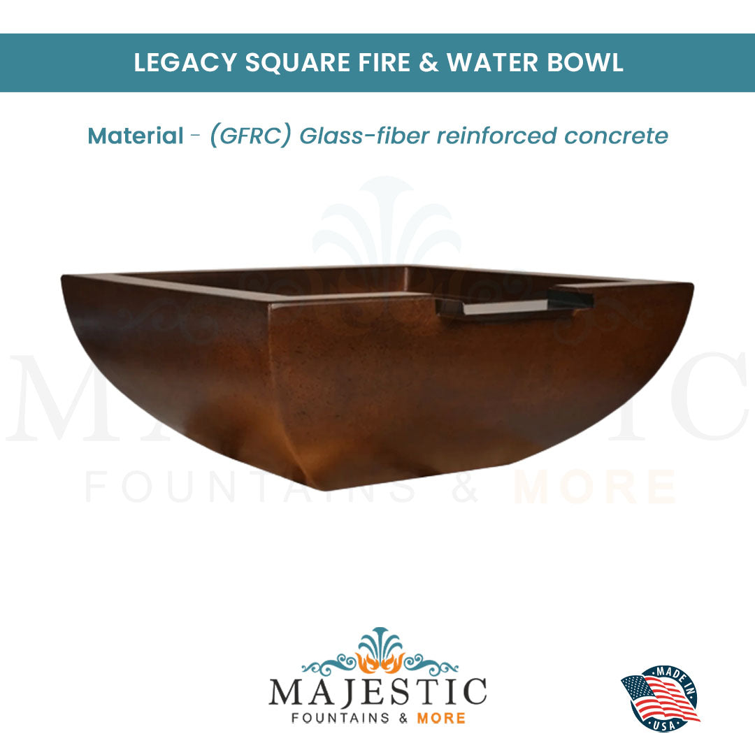 Legacy Square Fire & Water Bowl in GFRC Concrete - Majestic Fountains and More