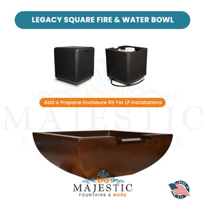 Legacy Square Fire & Water Bowl in GFRC Concrete Propane Enclosure Kit - Majestic Fountains and More