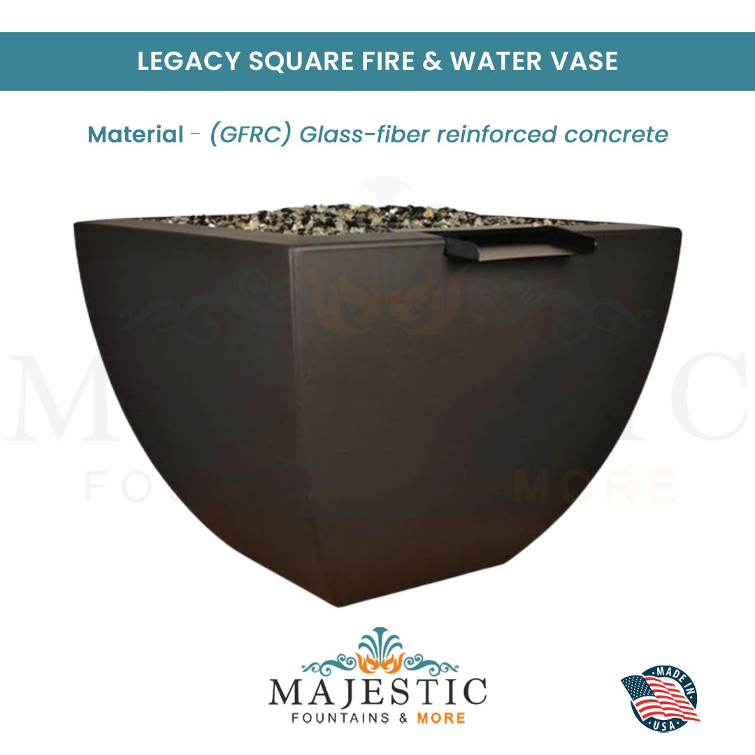 Legacy Square Fire & Water Vase in GFRC Concrete - Majestic Fountains