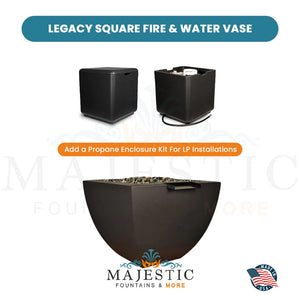 Legacy Square Fire & Water Vase in GFRC Concrete Propane Enclosure Kit - Majestic Fountains and More