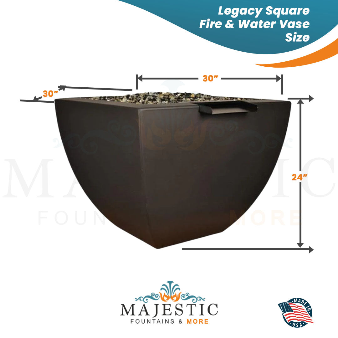 Legacy Square Fire & Water Vase in GFRC Concrete - Majestic Fountains and More