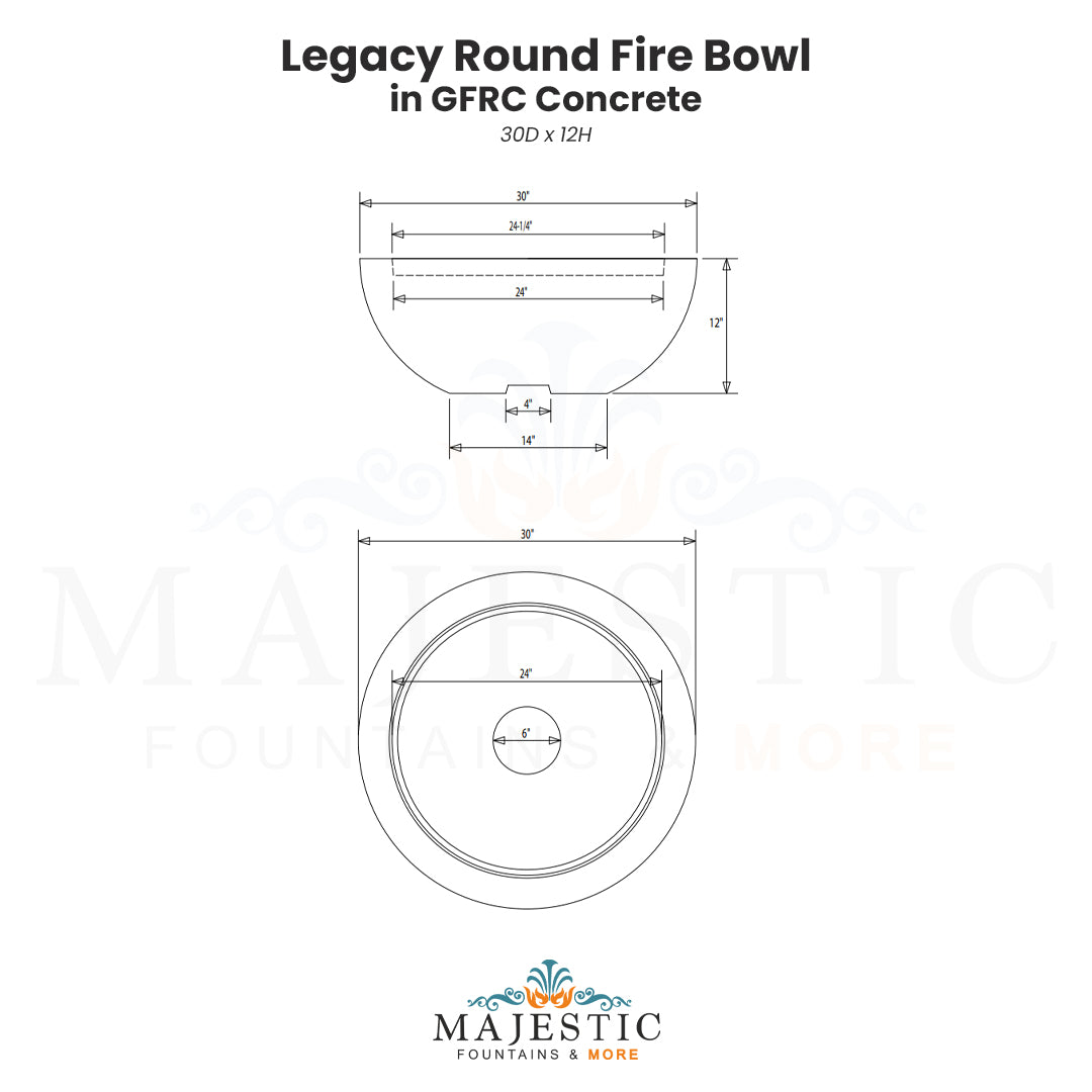 Legacy Round Fire Bowl in GFRC Concrete Size - Majestic Fountains and More