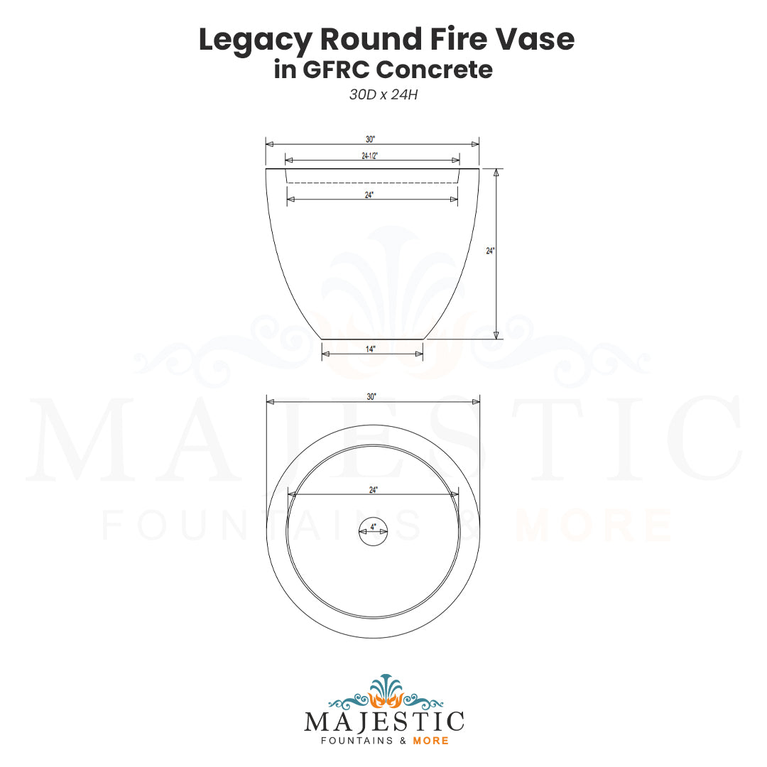 Legacy Round Fire Vase in GFRC Concrete Size  - Majestic Fountains and More