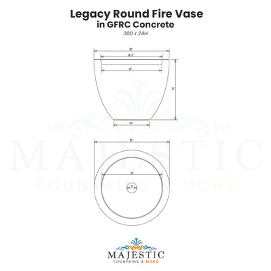 Legacy Round Fire Vase in GFRC Concrete Size  - Majestic Fountains and More