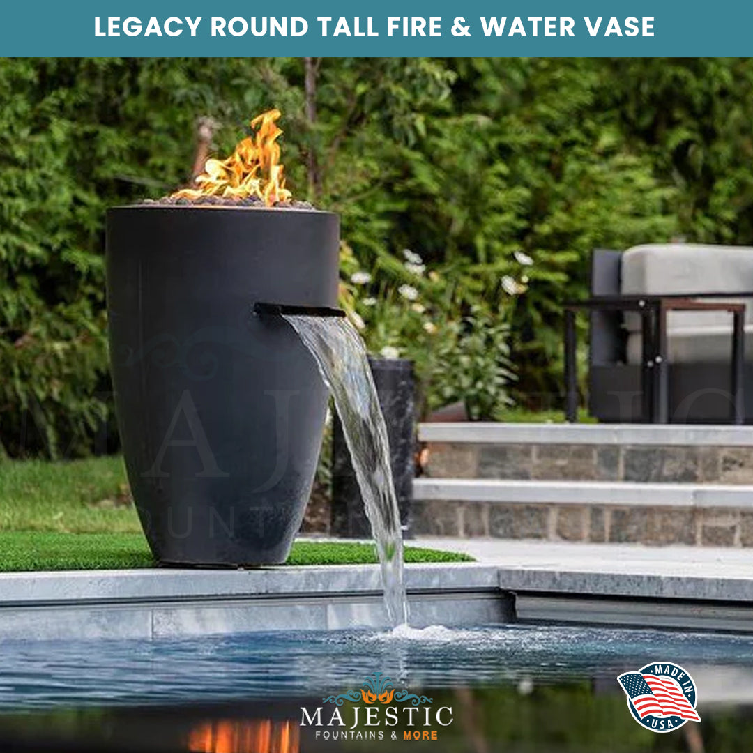 Legacy Round Tall Fire & Water Vase in GFRC Concrete- Majestic Fountains and More
