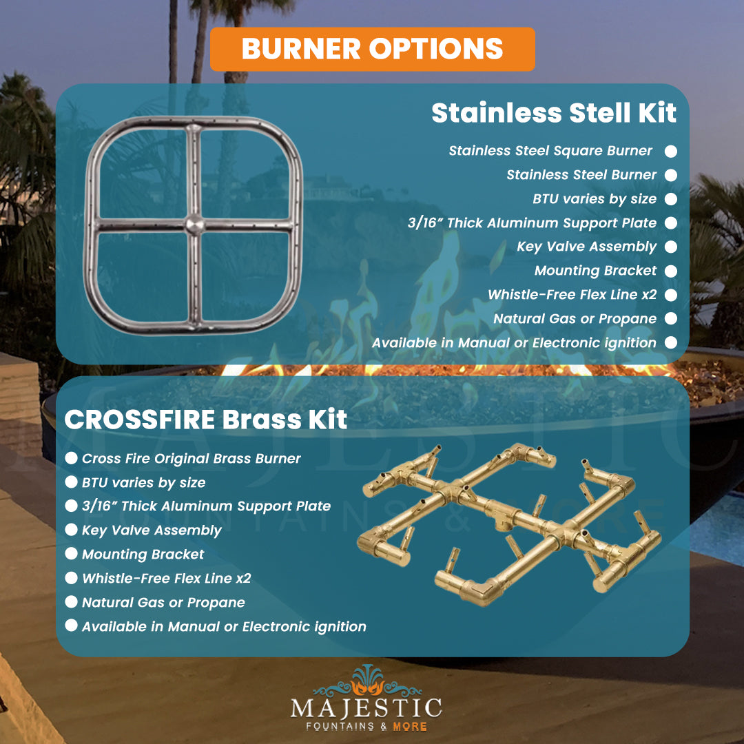 Legacy Square Fire Bowl in GFRC Concrete Burner Options -  Majestic Fountains and More