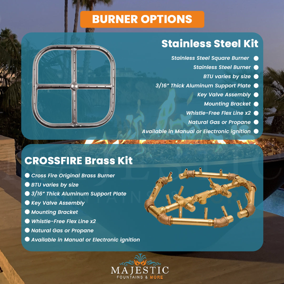 Legacy Square Fire & Water Bowl in GFRC Concrete Burner Options - Majestic Fountains and More