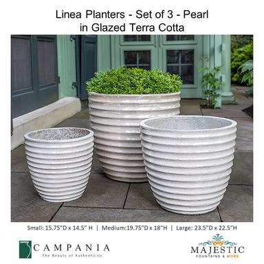 Linea Planters - Set of 3 - Pearl in Glazed Terra Cotta By Campania - Majestic fountains and More