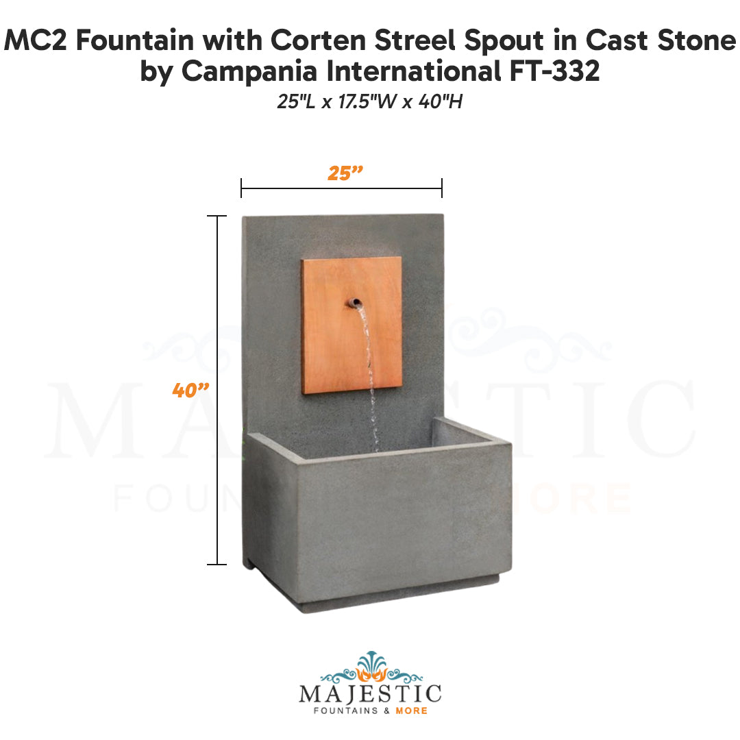 MC2 Fountain with Corten Streel Spout in Cast Stone - Majestic Fountains