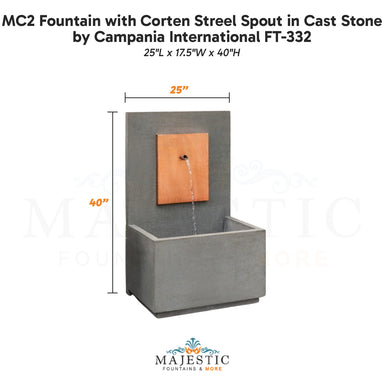 MC2 Fountain with Corten Streel Spout in Cast Stone - Majestic Fountains