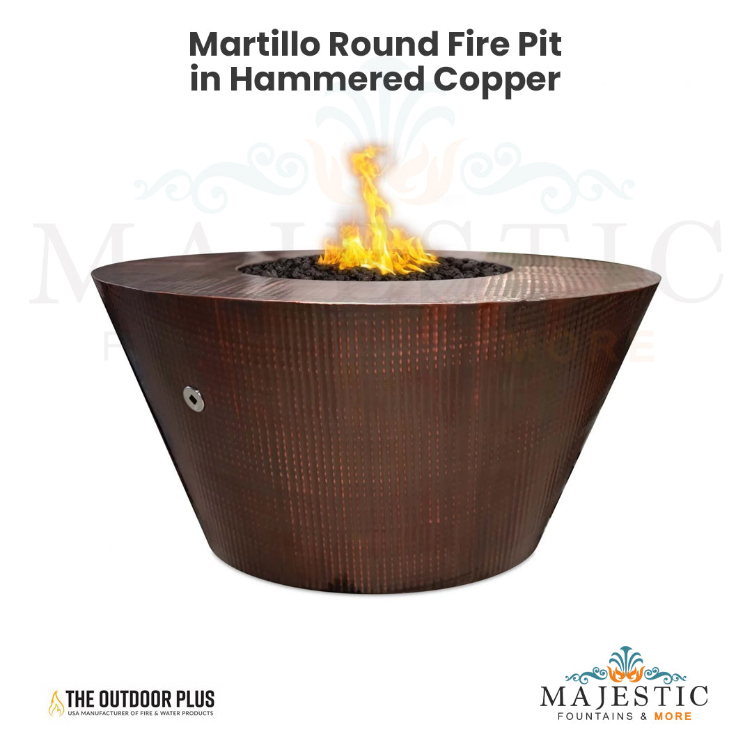 The Outdoor Plus Martillo Round Fire Pit in Hammered Copper - Majestic Fountains