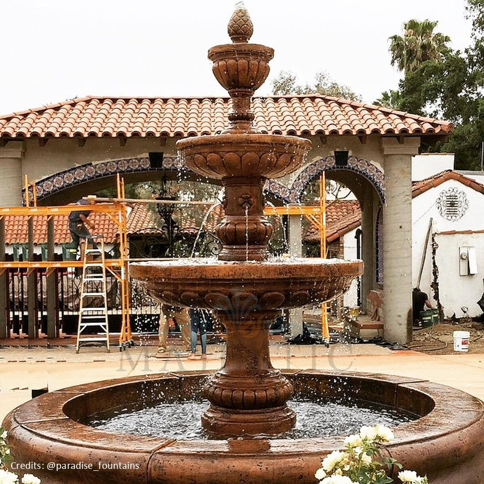 Mediterranean 3 Tier Fountain with Fiore Basin in Cast Stone - Fiore Stone - Majestic Fountains