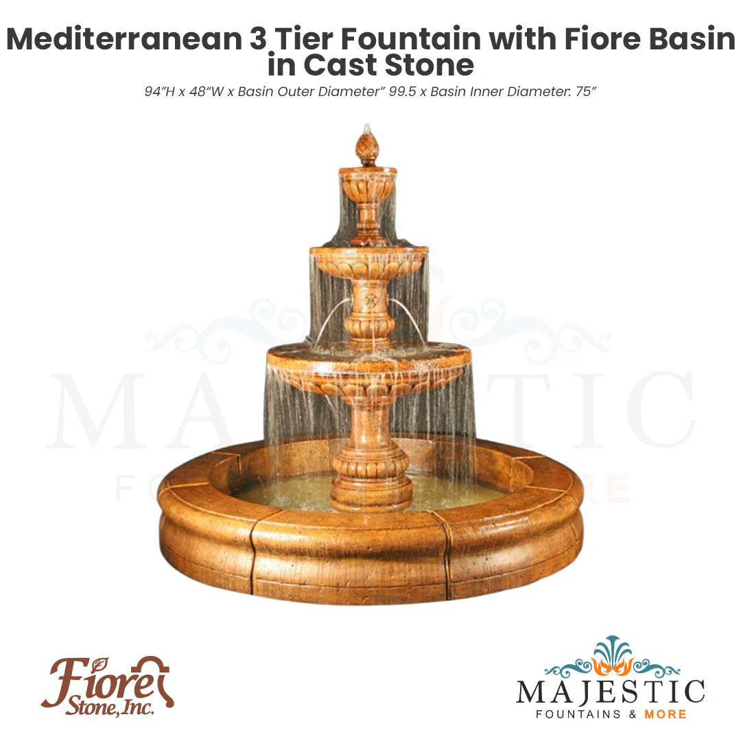 Mediterranean 3 Tier Fountain with Fiore Basin in Cast Stone - Fiore Stone LG134-FCRG - Majestic Fountains