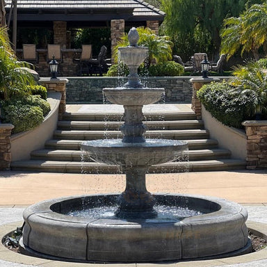 Mediterranean 3 Tier Fountain with Fiore Basin in Cast Stone - Fiore Stone LG134-FCRG - Majestic Fountains and More.