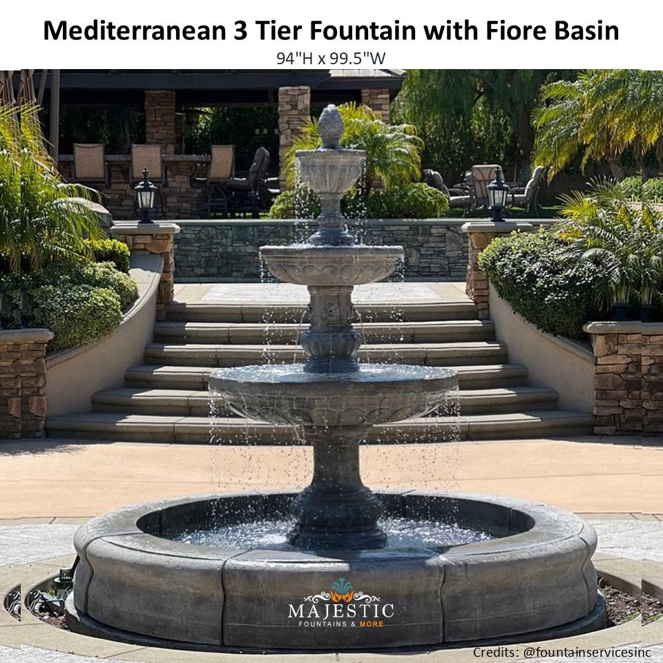 Mediterranean 3 Tier Fountain with Fiore Basin in Cast Stone - Fiore Stone LG134-FCRG - Majestic Fountains and More.