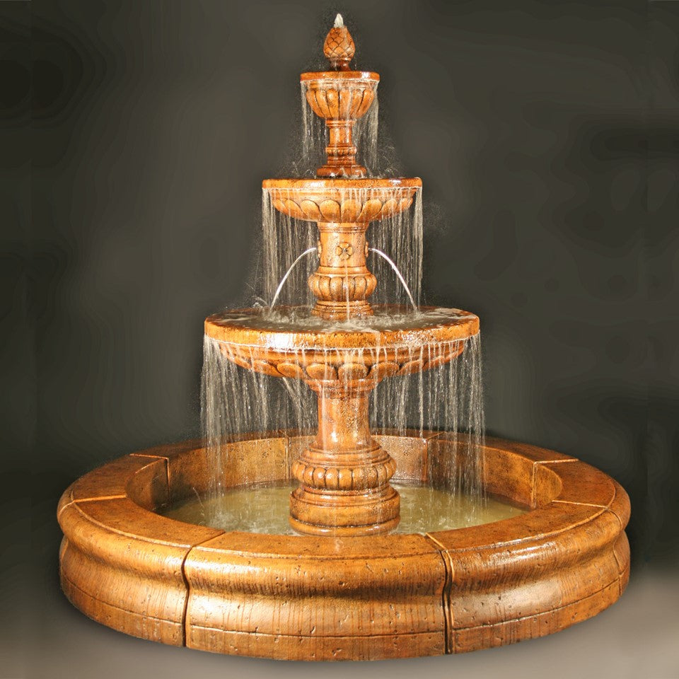 Mediterranean 3 Tier Fountain with Fiore Basin in Cast Stone - Fiore Stone LG134-FCRG - Majestic Fountains and More