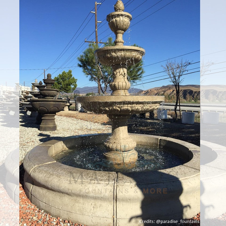 Mediterranean 3 Tier Fountain with Fiore Basin in Cast Stone -  LG134-FCRG - Majestic Fountains