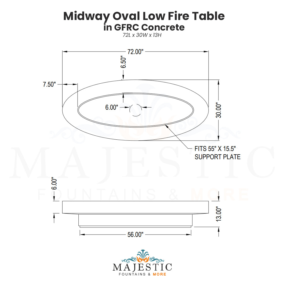 Midway Oval Low Fire Table in GFRC Concrete by Archpot  - Majestic Fountains