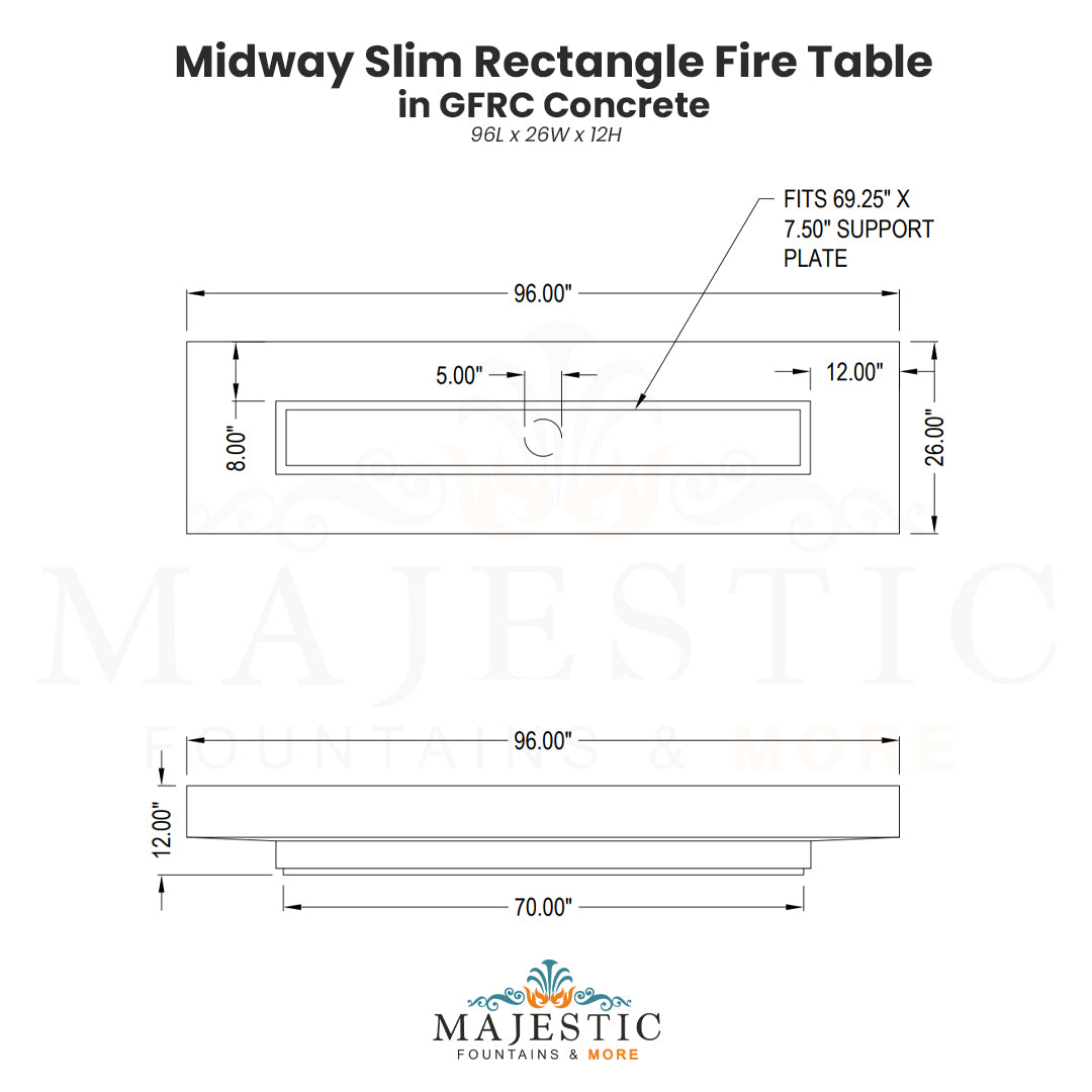 Midway Slim Rectangle Fire Table in GFRC Concrete - Majestic Fountains