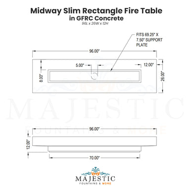 Midway Slim Rectangle Fire Table in GFRC Concrete - Majestic Fountains