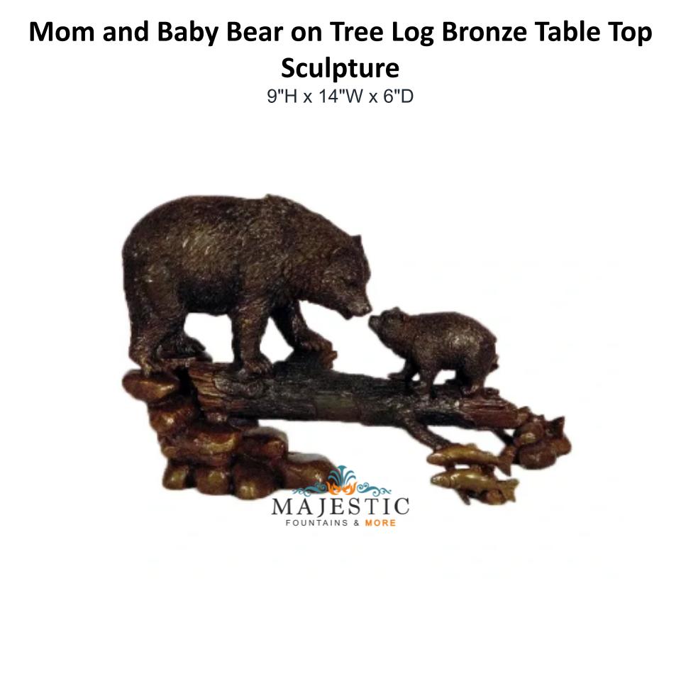 Mom and Baby Bear on Tree Log Bronze Table Top Sculpture - Majestic Fountains & More