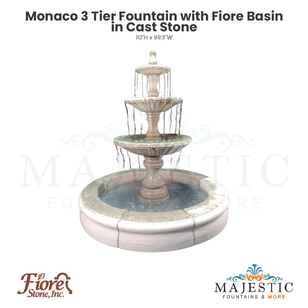 Monaco 3 Tier Fountain with Fiore Basin in Cast Stone - Fiore Stone LG169-FRG - Majestic Fountains