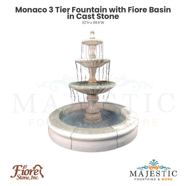 Monaco 3 Tier Fountain with Fiore Basin in Cast Stone - Fiore Stone LG169-FRG - Majestic Fountains