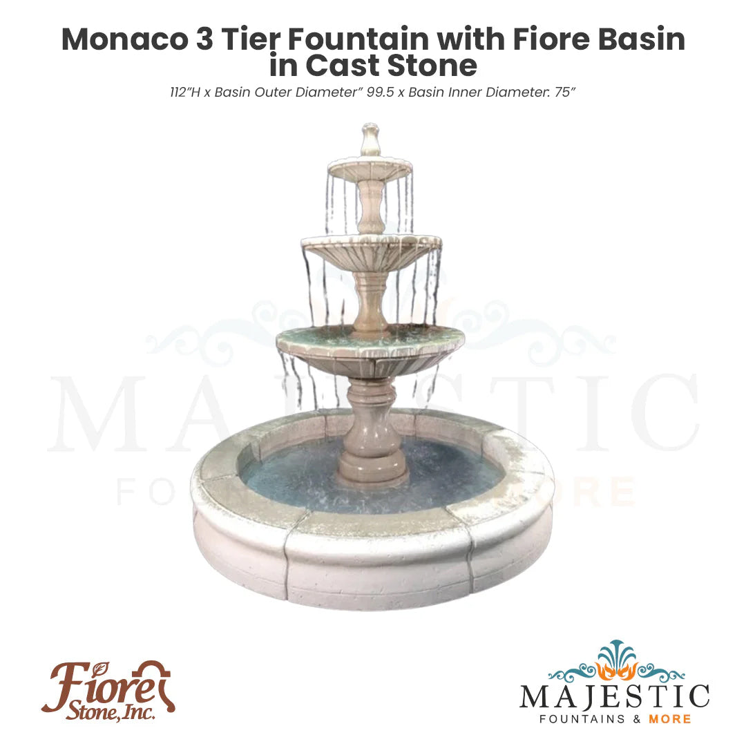 Monaco 3 Tier Fountain with Fiore Basin in Cast Stone - Fiore Stone LG169-FRG - Majestic Fountains