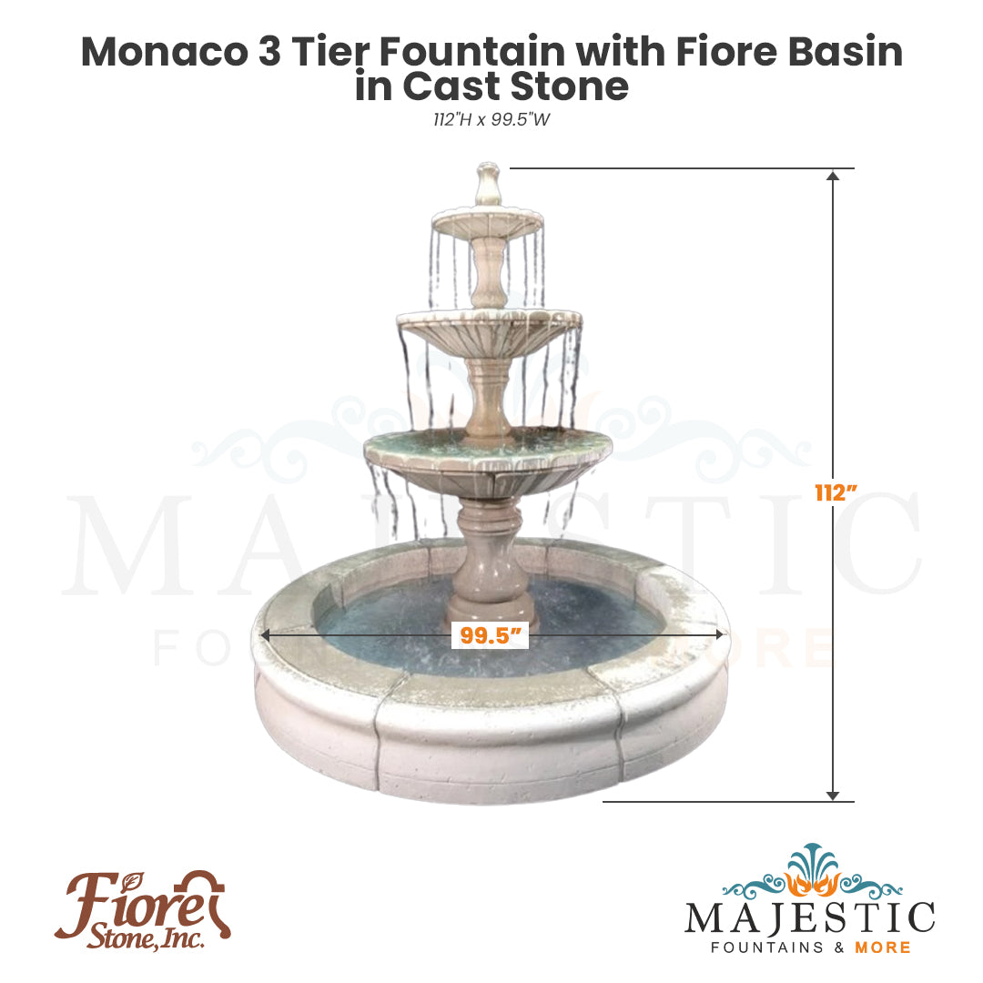 Monaco 3 Tier Fountain with Fiore Basin in Cast Stone - Fiore Stone LG169-FRG - Majestic Fountains