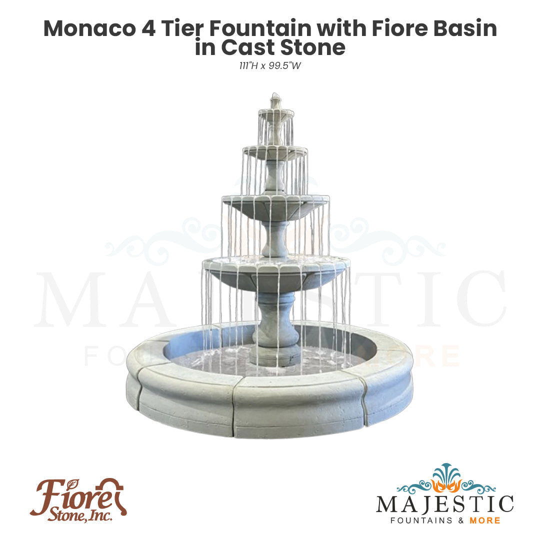 Monaco 4 Tier Fountain with Fiore Basin in Cast Stone - Fiore Stone LG169-FMRG - Majestic Fountains