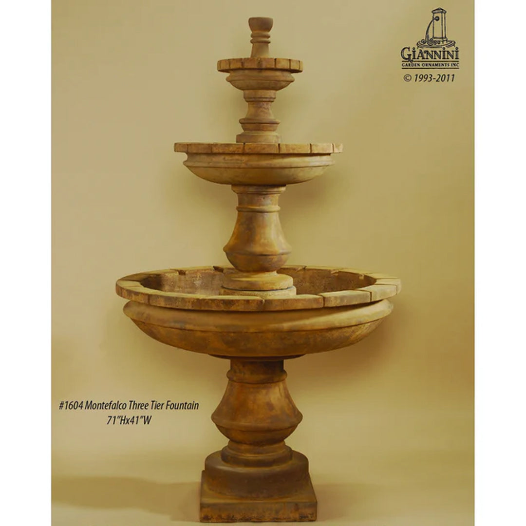 Montefalco Concrete 3 Tier Outdoor Courtyard Fountain in a studio shot with a weathered brown finish, 71 inch H x 41 inch W