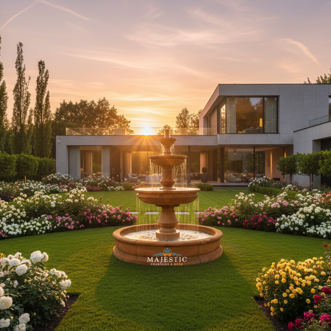 Montefalco Concrete 3 Tier Outdoor Courtyard Fountain with Basin - 1603 - Majestic Fountains