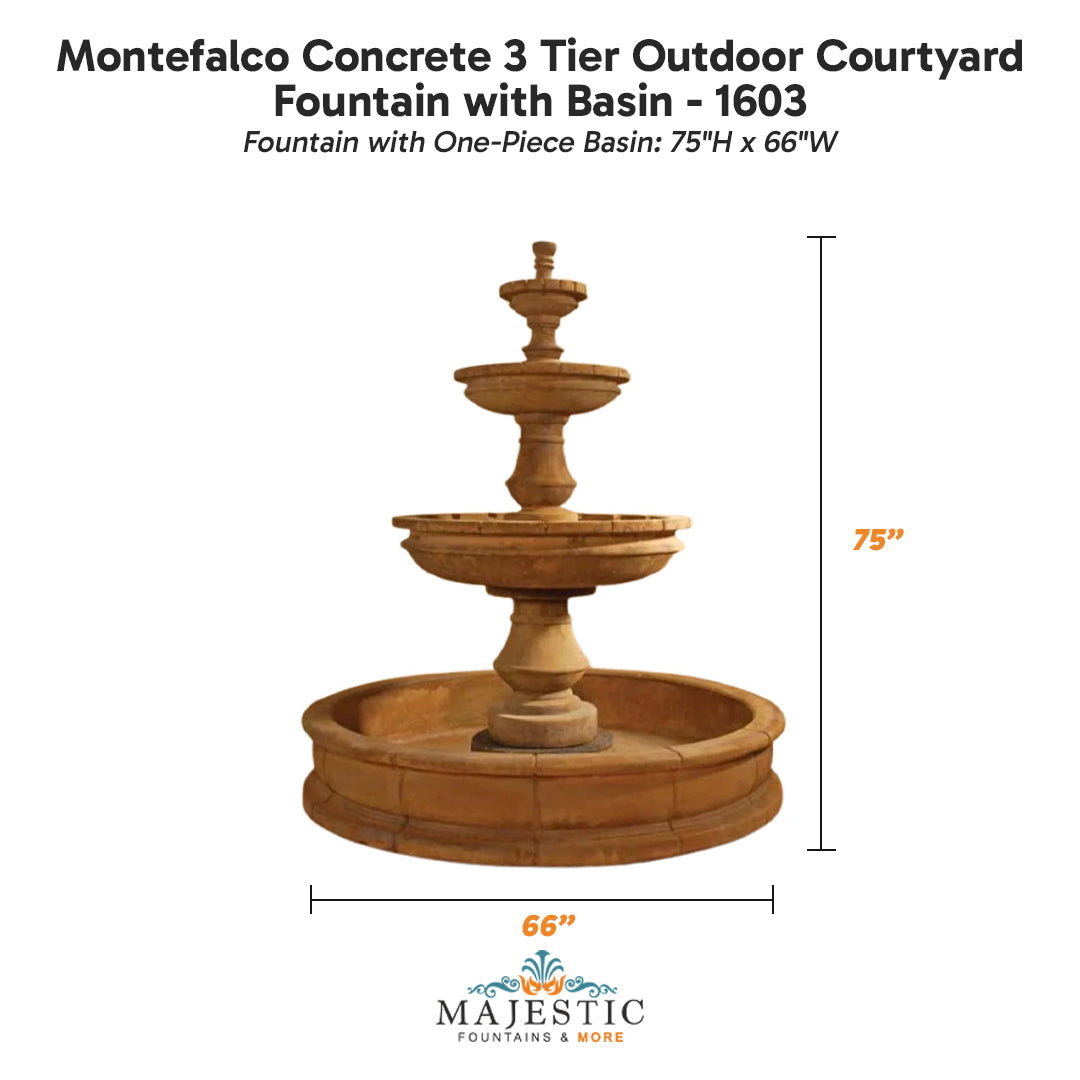 Montefalco Concrete 3 Tier Outdoor Courtyard Fountain with Basin - 1603 - Majestic Fountains